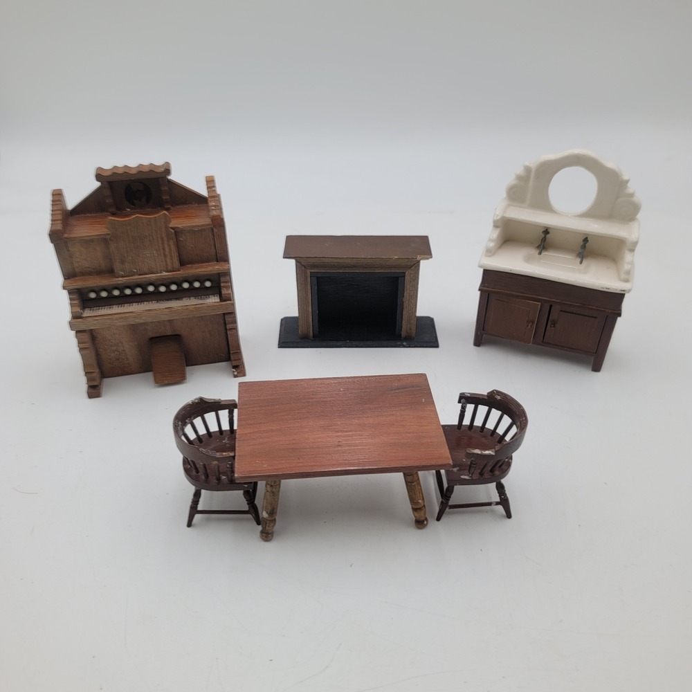 Vintage Dollhouse Furniture Set Piano Table Chairs Fireplace Vanity 6pc Lot